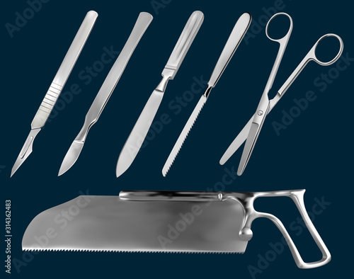 A set of surgical cutting tools. Reusable scalpel, delicate scalpel with removable blade, amputation knife Liston, metacarpal saw, scissors straight with blunt ends, saw sheet Satterlee. photo