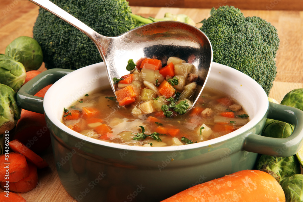 Soup, Vegetable Soup, Bowl. Traditional hot veggie soup - obrazy, fototapety, plakaty 