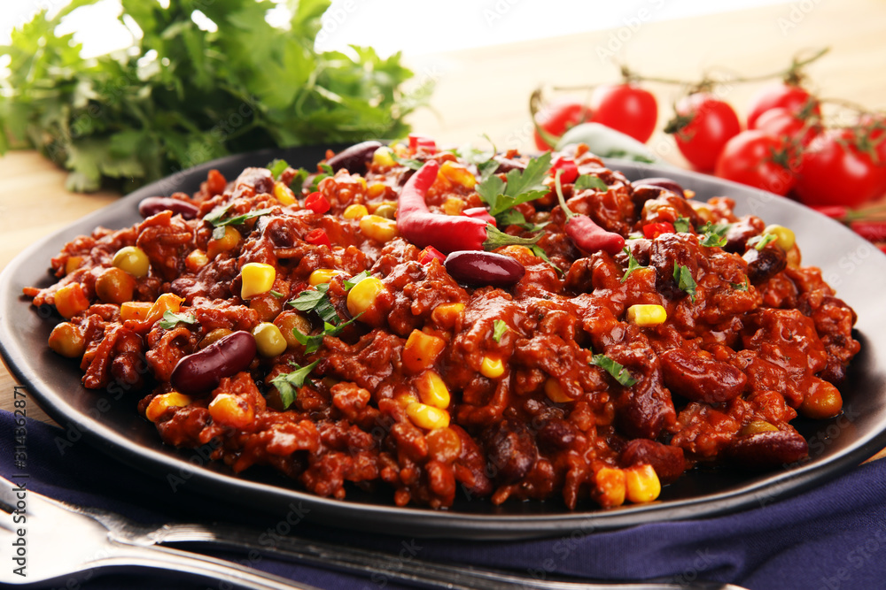 Hot chili con carne. mexican food tasty and spicy wit beans Hot chili con carne. mexican food tasty and spicy wit beans