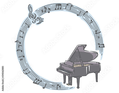 手書き風ピアノ、音符の素材イラスト（フレーム）