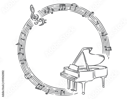 手書き風ピアノ、音符の素材イラスト（フレーム）