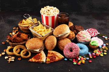 Unhealthy products. food bad for figure, skin, heart and teeth.