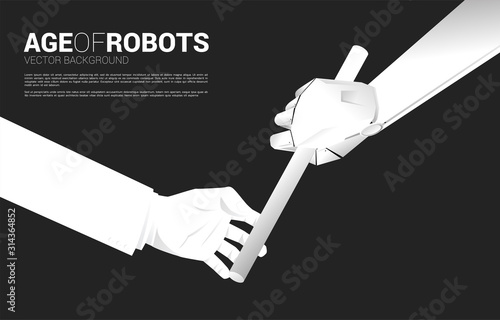 Close up hand passing baton in relay race from human to robot. Business concept for age of robot and AI artificial intelligence.