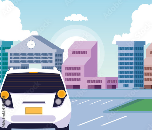 Car on the street in front of buildings vector design