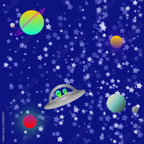 Star filled background with planets, and alien spaceship with little green people. 