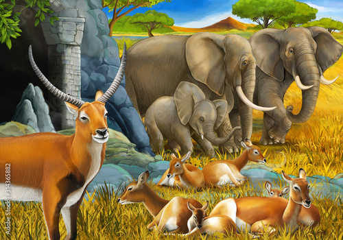 cartoon safari scene with family of antelopes and elephant on the meadow illustration for children