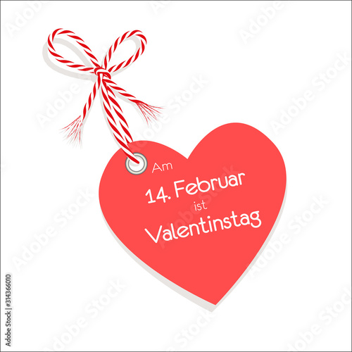 Herz „Am 14 Februar ist Valentinstag“ zum Valentinstag mit rot-weiße Kordel Schnur, Vektor Illustration isoliert auf weißem Hintergrund