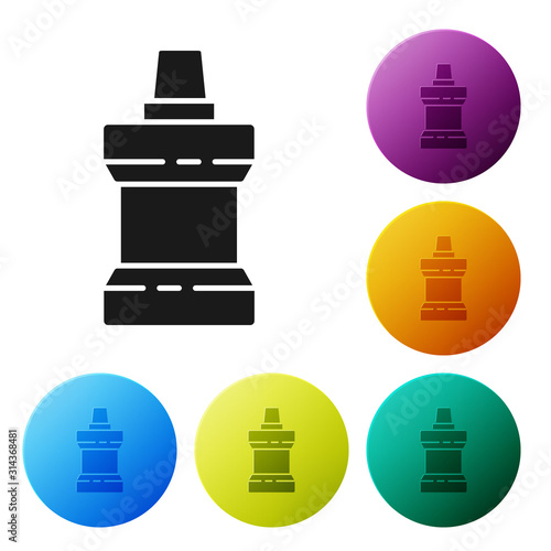 Black Mouthwash plastic bottle icon isolated on white background. Liquid for rinsing mouth. Oralcare equipment. Set icons colorful circle buttons. Vector Illustration