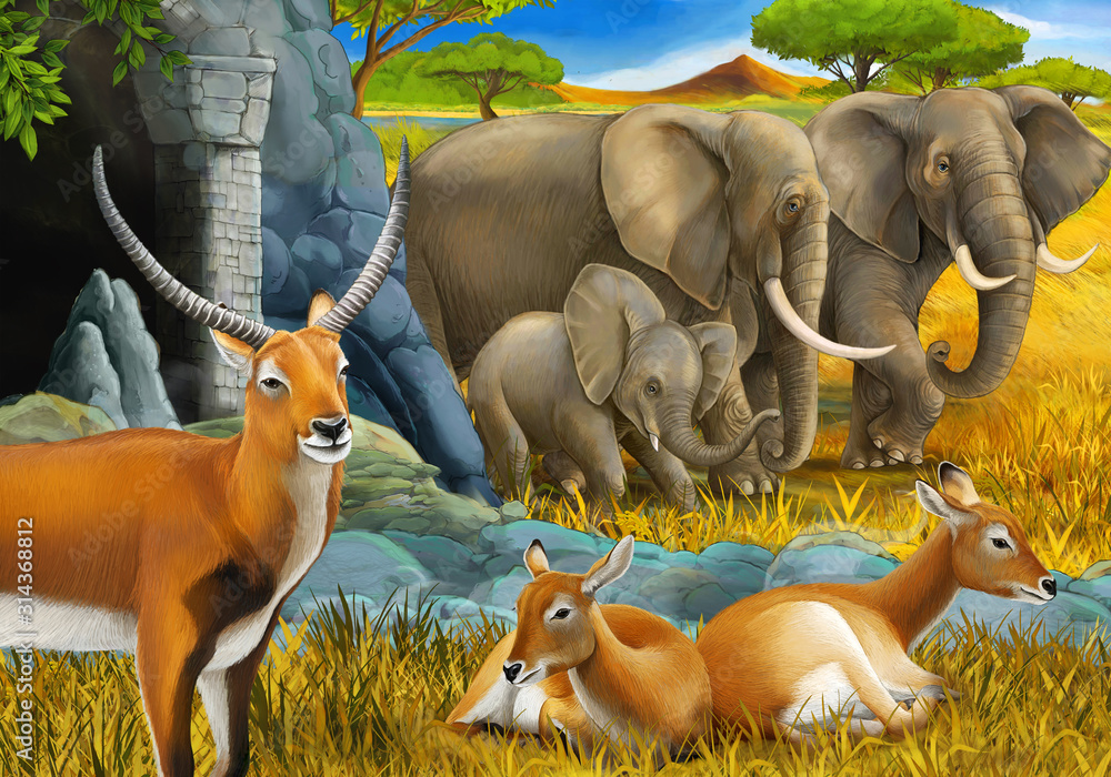 cartoon safari scene with family of antelopes and elephant on the ...
