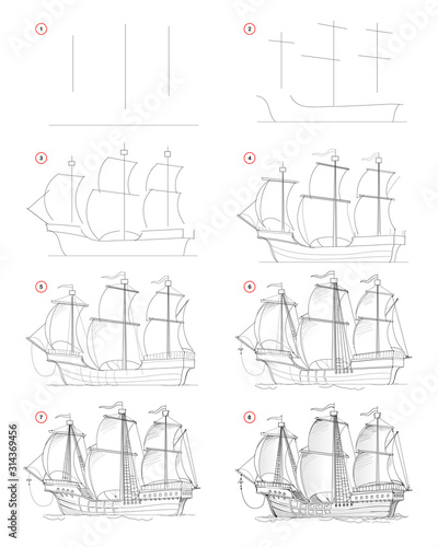 How to draw step by step sketch of fantastic medieval sail ship. Creation pencil drawing. Educational page for artists. Textbook for developing artistic skills. Hand-drawn vector by graphic tablet.