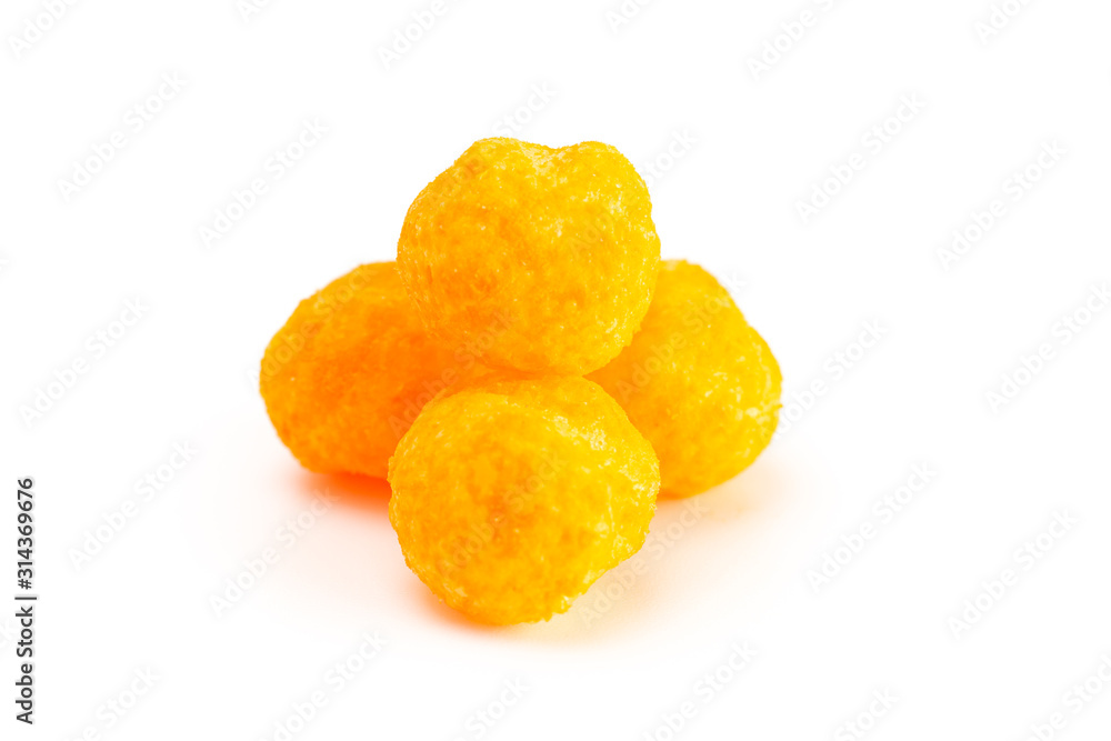 Small Pile of Cheese Covered Ball Snacks Isolated on a White Background Small Pile of Cheese Covered Ball Snacks Isolated on a White Background