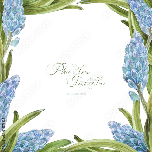 Hyachinth square floral frame on a white background, traced photo