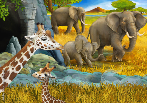 cartoon scene with safari animals giraffe antelope and elephant on the meadow illustration for children