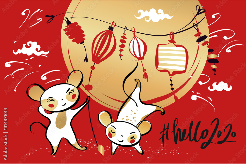 Fototapeta premium Happy new year party invitation, poster with white rat, mice on red background. Lunar horoscope sign mouse. Chinese Happy new year 2020. Silhouette two kawaii funny sketch mouse.