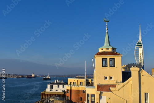 View of Portsmouth old town, harbour, Emirates Spinnaker Tower, Gosport, Isle of Wight atop Round tower on Millennium promenade. Canteen cafe where you can take in spectacular views of the Solent photo