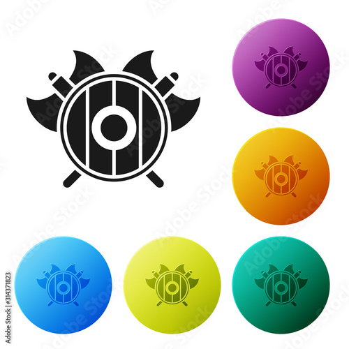 Black Medieval shield with crossed axes icon isolated on white background. Battle axe, executioner axe. Set icons colorful circle buttons. Vector Illustration