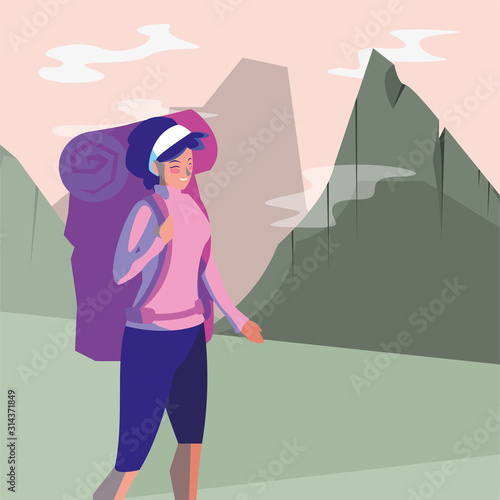 Hiker woman with bag and landscape vector design