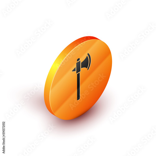 Isometric Medieval axe icon isolated on white background. Battle axe, executioner axe. Orange circle button. Vector Illustration