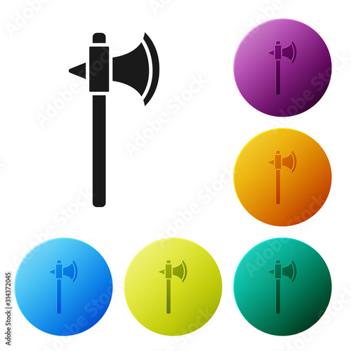 Black Medieval axe icon isolated on white background. Battle axe, executioner axe. Set icons colorful circle buttons. Vector Illustration
