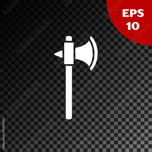 White Medieval axe icon isolated on transparent dark background. Battle axe, executioner axe. Vector Illustration