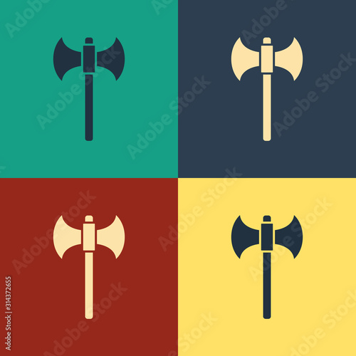 Color Medieval axe icon isolated on color background. Battle axe, executioner axe. Vintage style drawing. Vector Illustration