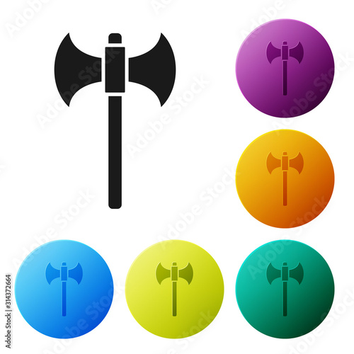 Black Medieval axe icon isolated on white background. Battle axe, executioner axe. Set icons colorful circle buttons. Vector Illustration
