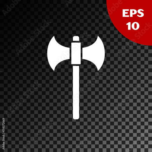 White Medieval axe icon isolated on transparent dark background. Battle axe, executioner axe. Vector Illustration