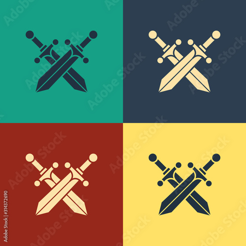 Color Crossed medieval sword icon isolated on color background. Vintage style drawing. Vector Illustration