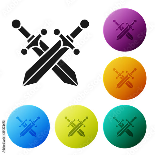 Black Crossed medieval sword icon isolated on white background. Set icons colorful circle buttons. Vector Illustration