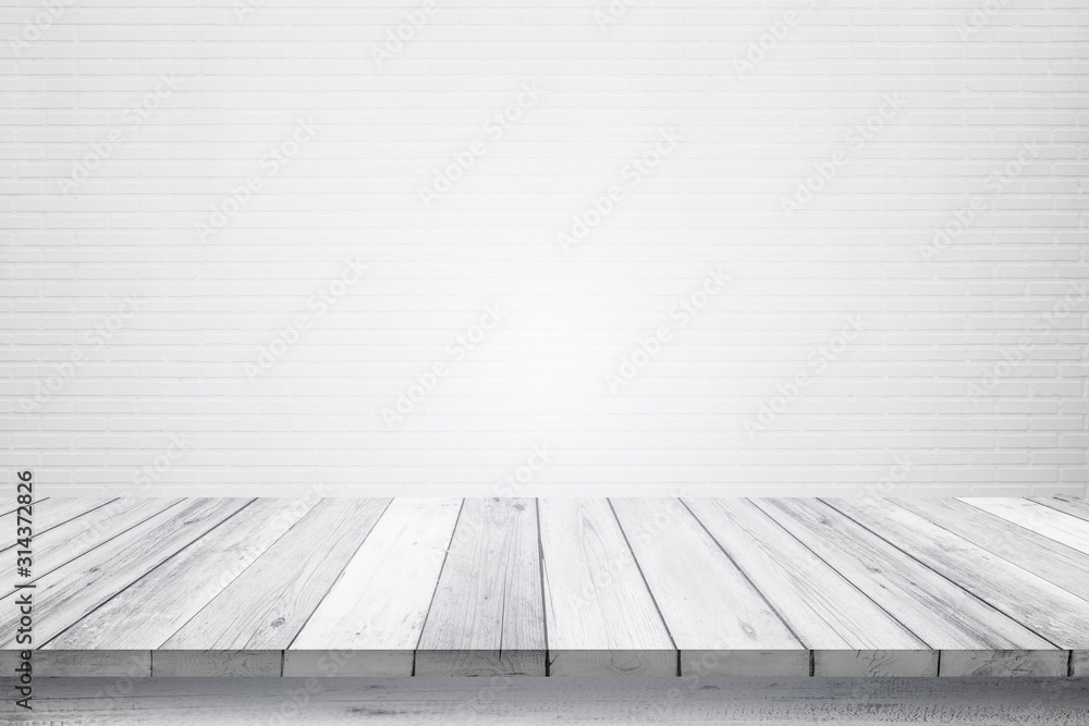 Empty wooden table top isolated on white brick white background, Design Wood terrace white. Free space for your copy and branding. Can be used as product display montage. Vintage style concept. Empty wooden table top isolated on white brick white background, Design Wood terrace white. Free space for your copy and branding. Can be used as product display montage. Vintage style concept.
