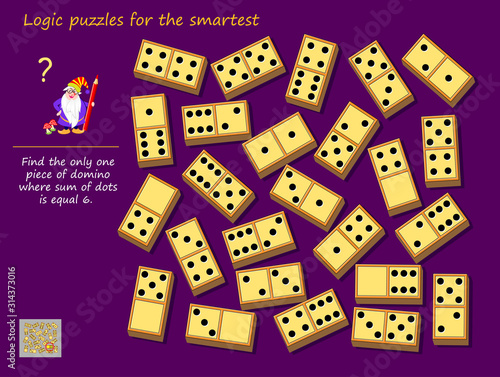 Logic puzzle game for children and adults. Find the only one piece of domino where sum of dots is equal to 6. Printable page for kids brain teaser book. Developing mathematical skills. IQ test.
