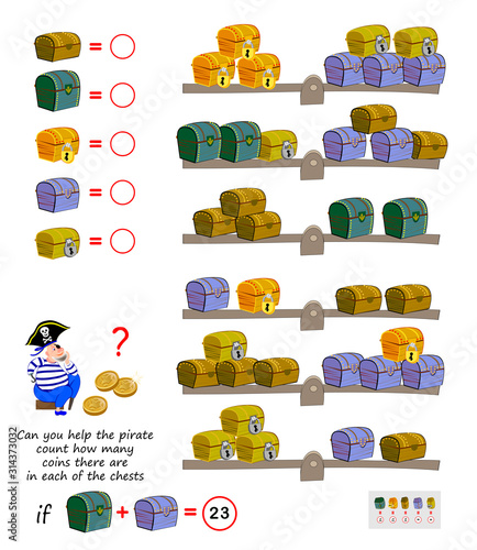Mathematical logic puzzle game for children. Can you help the pirate count how many coins there are in each of the chests? Solve examples and write the numbers. Printable page for brain teaser book.