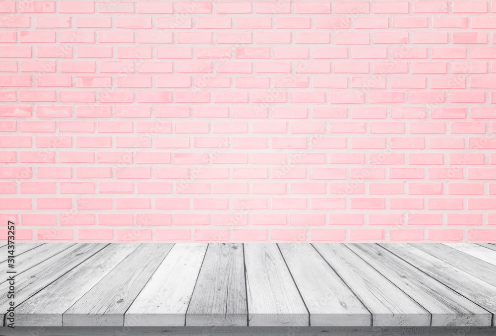 Empty wooden table top isolated on pink brick white background, Design Wood terrace white. Free space for your copy and branding. Can be used as product display montage. Vintage style concept. Empty wooden table top isolated on pink brick white background, Design Wood terrace white. Free space for your copy and branding. Can be used as product display montage. Vintage style concept.