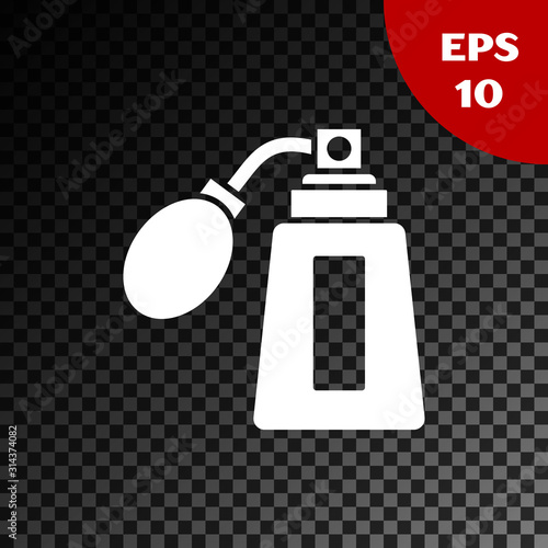 White Aftershave bottle with atomizer icon isolated on transparent dark background. Cologne spray icon. Male perfume bottle. Vector Illustration