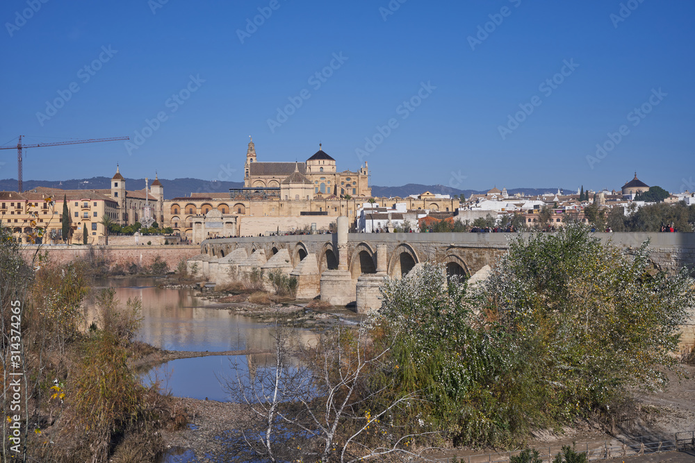 view of the old roman bridge and mezquita cathedral in cordoba