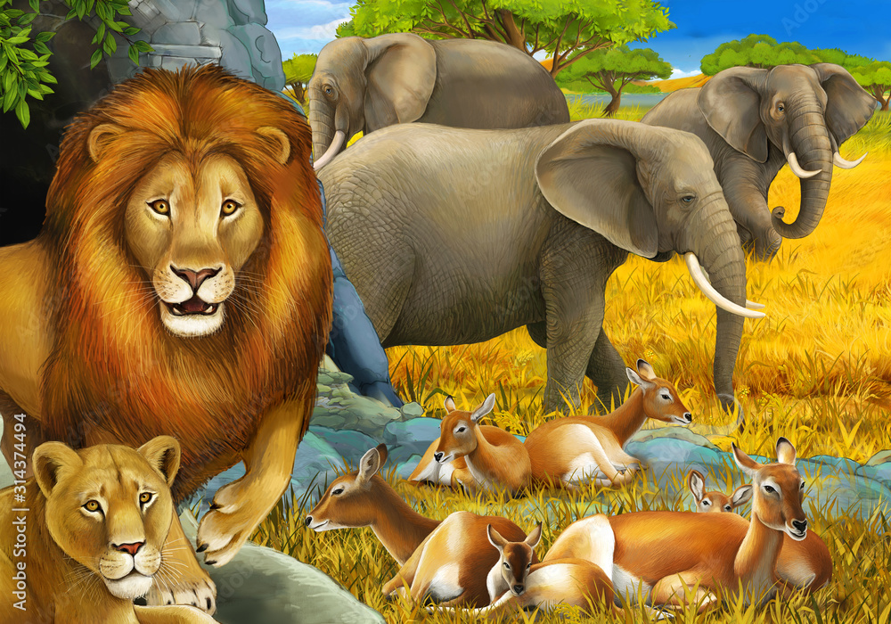 cartoon safari scene with lions resting and elephant on the meadow  illustration for children Stock Illustration | Adobe Stock