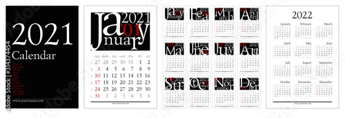 Classic gregorian calendar for 2021 year. A4 pages 210x297mm with creative font composition. Week start sunday, elegant grid with Roman type, english language. Editable vector template.