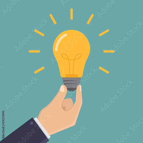Business idea vector illustration flat, businessman hand hold light bulb, flat design vector illustration
