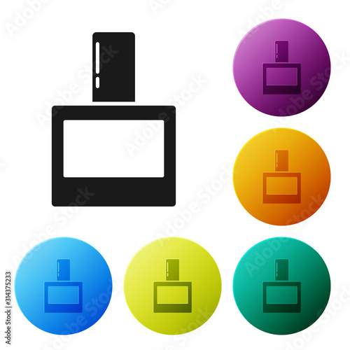 Black Aftershave icon isolated on white background. Cologne spray icon. Male perfume bottle. Set icons colorful circle buttons. Vector Illustration