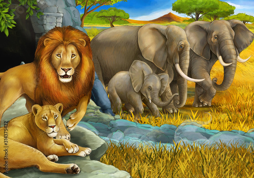 cartoon safari scene with lions resting and elephant on the meadow illustration for children