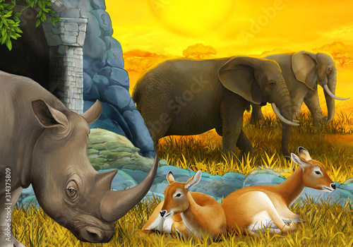 cartoon scene with rhino rhinoceros antelope and elephant on the meadow illustration for children