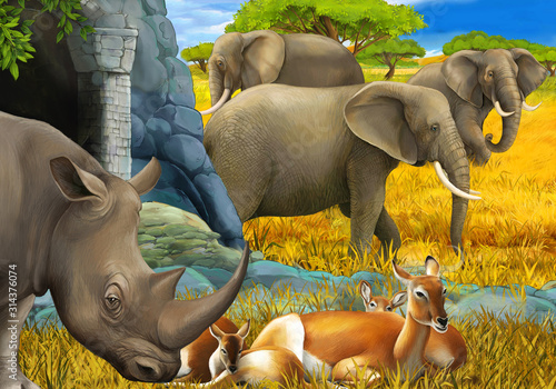 cartoon scene with rhino rhinoceros antelope and elephant on the meadow illustration for children