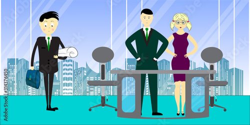 a young specialist his boss and secretary. businessman and woman  startup new business project. yong businessman with briefcase. vector illustration.