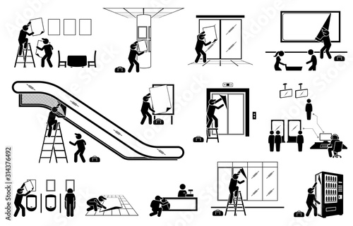 Advertisement agency putting up display advertisement for indoor marketing. Vector illustrations of stick figure man delivering poster, banner, and sticker to different places for marketing strategy.