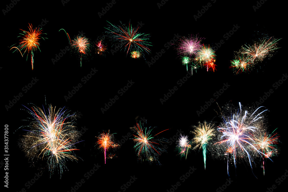 Set of unique burning festive fireworks glowing in different colors isolated on black background