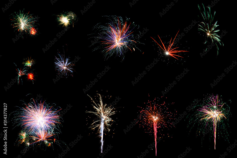 Set of unique burning festive fireworks glowing in different colors isolated on black background