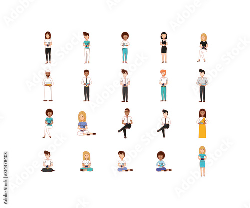 Isolated women and men avatars with smartphones vector design