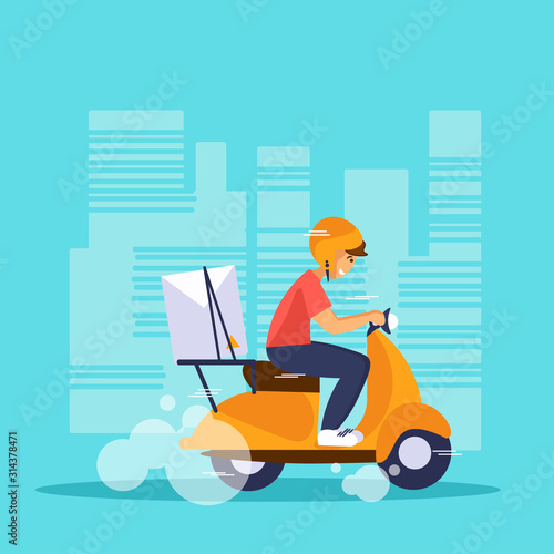 Young courier man in helmet riding on delivery scooter with parcel box. Fast delivery vector concept. 