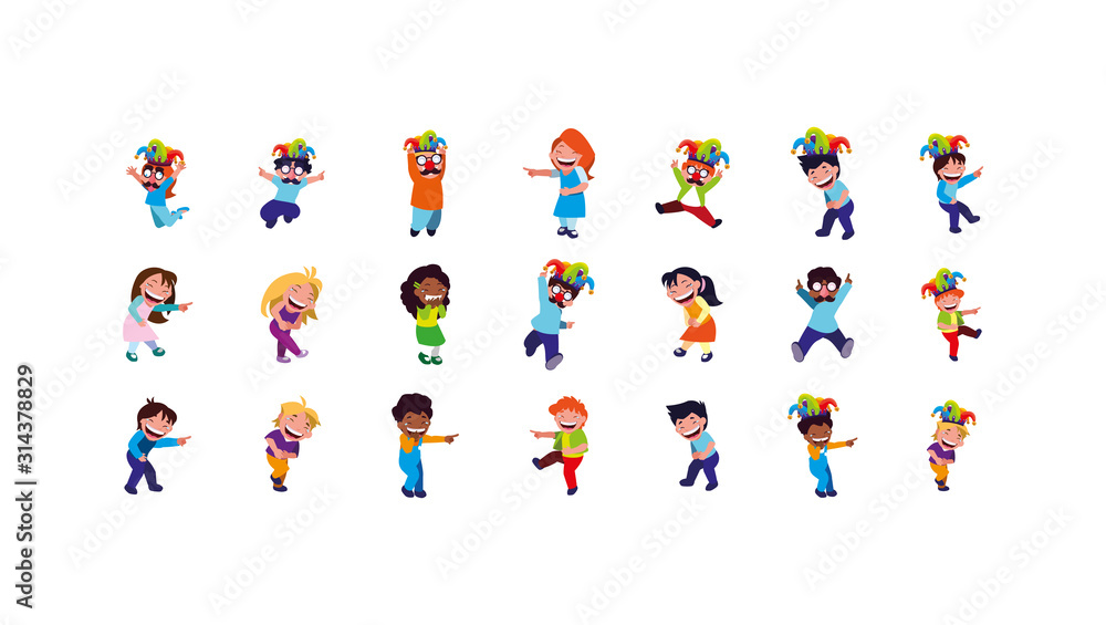 Isolated boys and girls with mardi gras masks icon set vector design