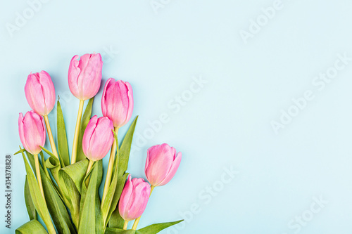Fototapeta Naklejka Na Ścianę i Meble -  View from above tulips and gift box with copy space on blue. Background for womens day, 8 March Valentines day, 14 february. Flat lay style, top view, mockup, template, overhead. Greeting card
